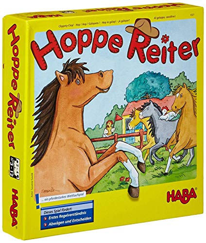 Haba 4321 – Hoppe Reiter Pferdestarkes Wettlaufspiel, für 2-4 Spieler von 3-12 Jahren, Spielbar in 3 Varianten, Brettspiel mit einfachen Spielregeln
