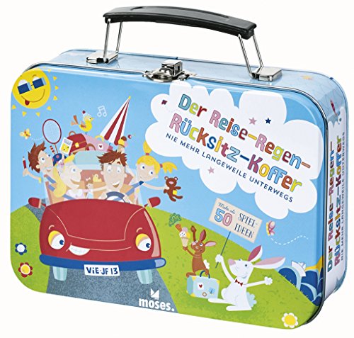 Moses 90237 Der Reise-Regen-Rücksitz-Koffer | Mehr als 50 Reisespiele für Kinder | Im Metallkoffer